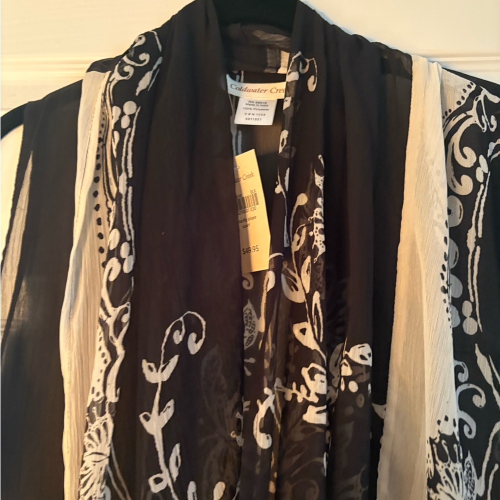 Coldwater Creek Black and White Sheer Butterfly Asymmetrical  Scarf Vest Wrap OS